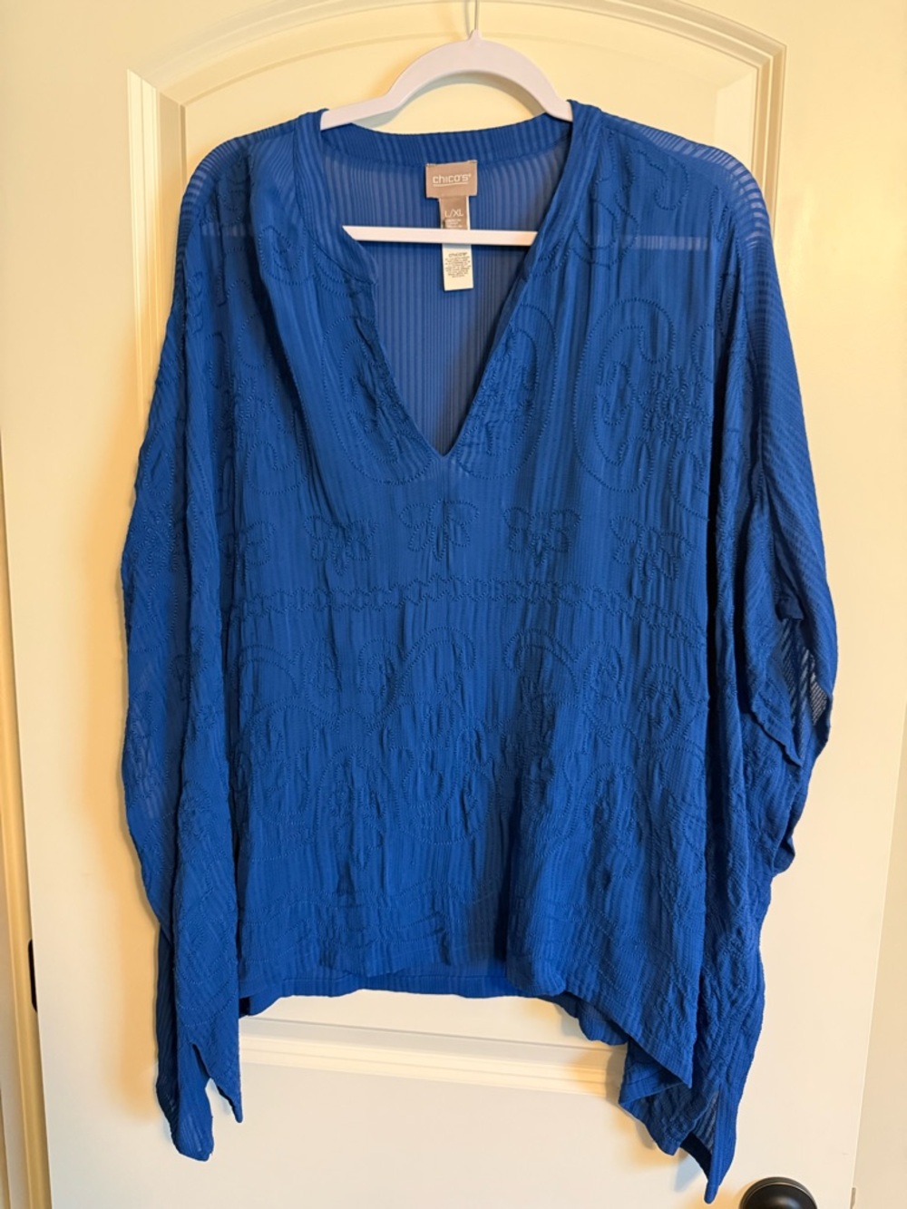 Chico’s Blue Embroidered Tunic Top L/XL Boho Lightweight